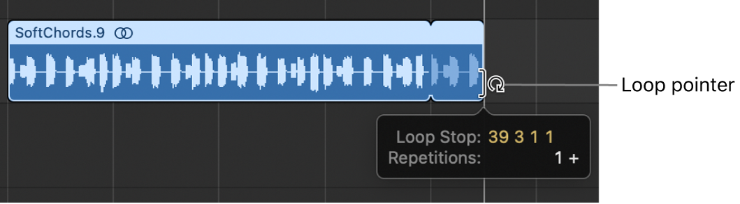 Figure. Looping a region in the Tracks area. The Help tag shows the region length and the number of repetitions.