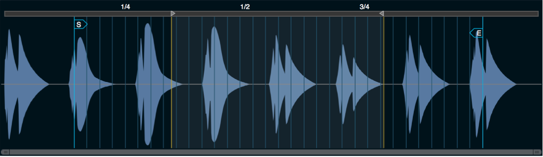 Figure. Zone waveform editor in Main source edit window, showing alignment markers.