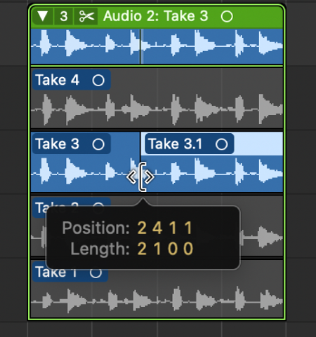 Figure. Dragging between two adjacent take selections.