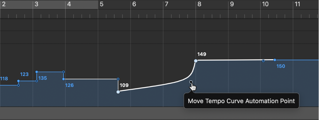 Figure. Dragging tip of right angle line to create tempo curve.