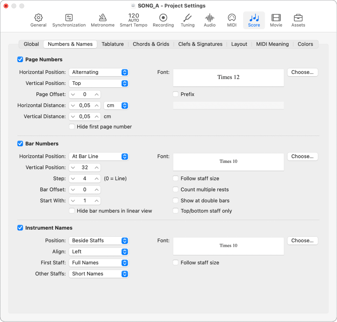 Figure. Numbers & Names project settings.