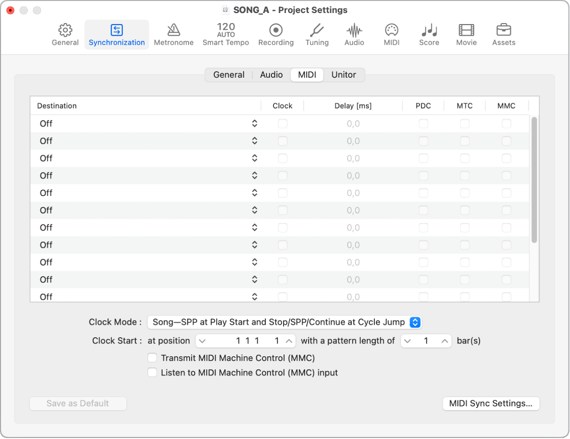 Figure. MIDI Synchronization project settings.