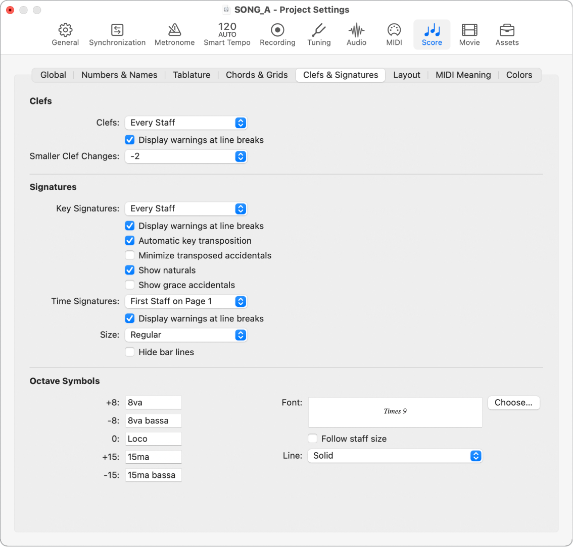 Figure. Clefs & Signatures project settings.