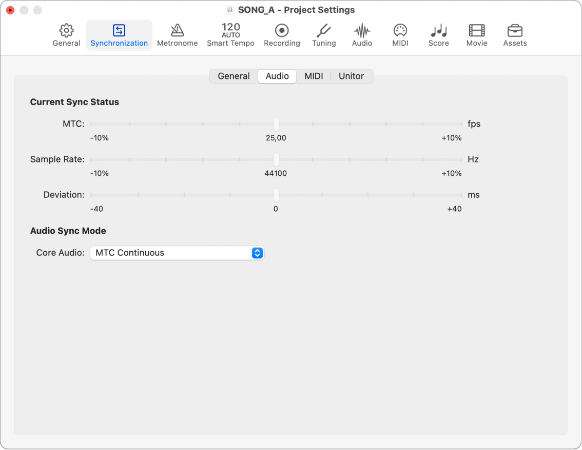 Figure. Audio Synchronization project settings.