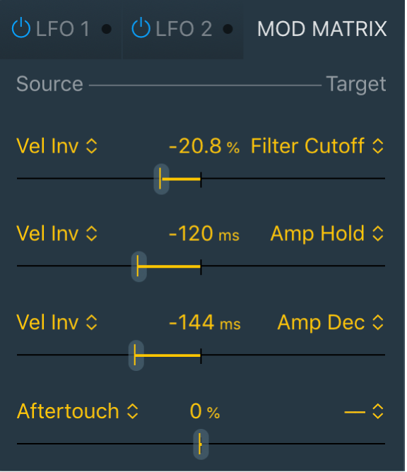 Figure. Quick Sampler Mod Matrix pane, showing four modulation routings.