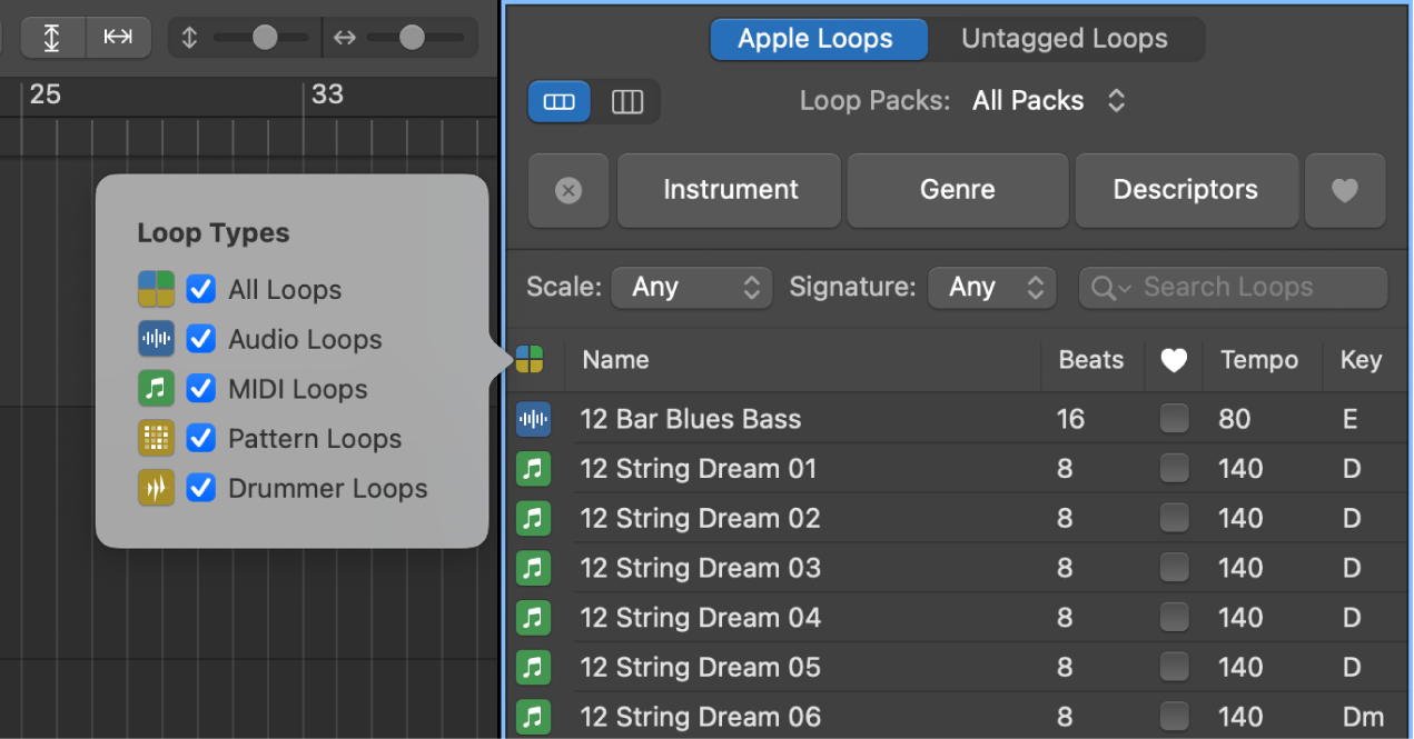 Figure. Loop Types pop-up menu.