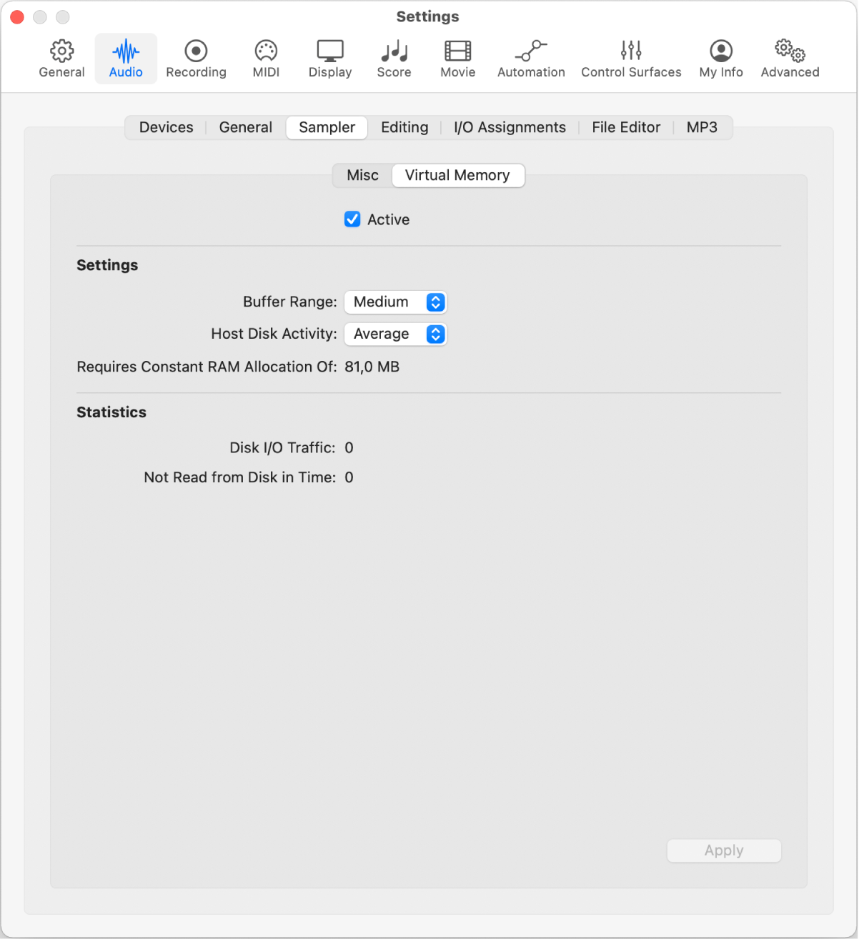 Figure. Audio Sampler Virtual Memory settings.