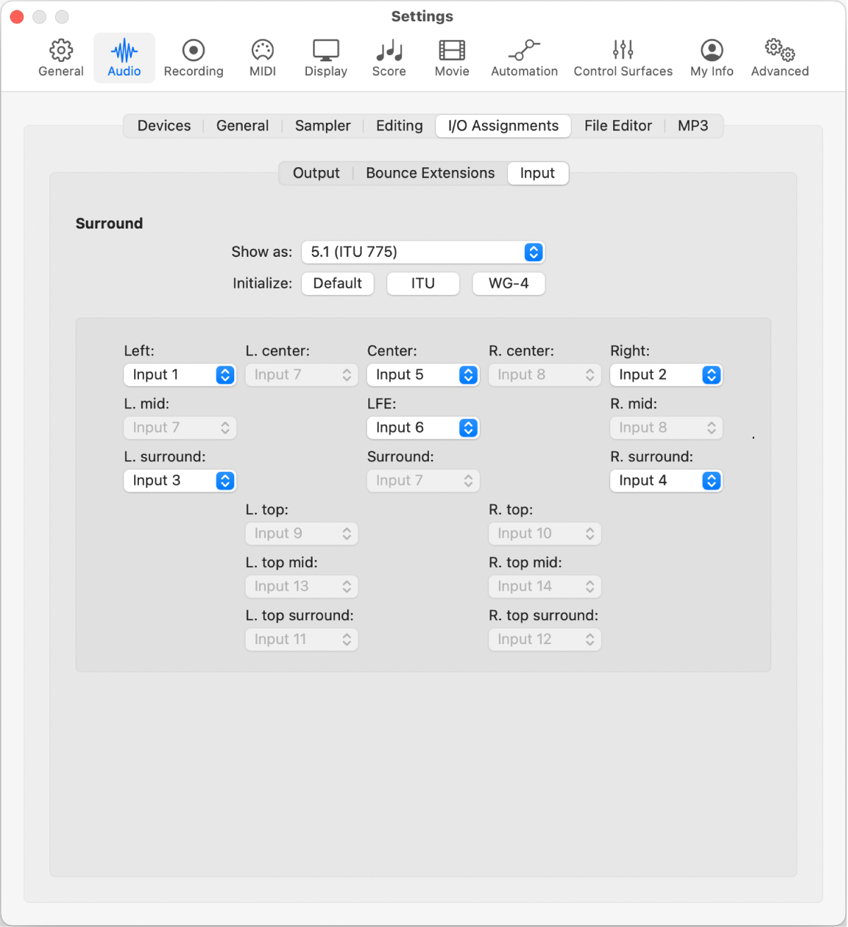 Figure. Audio I/O Assignments Input settings.