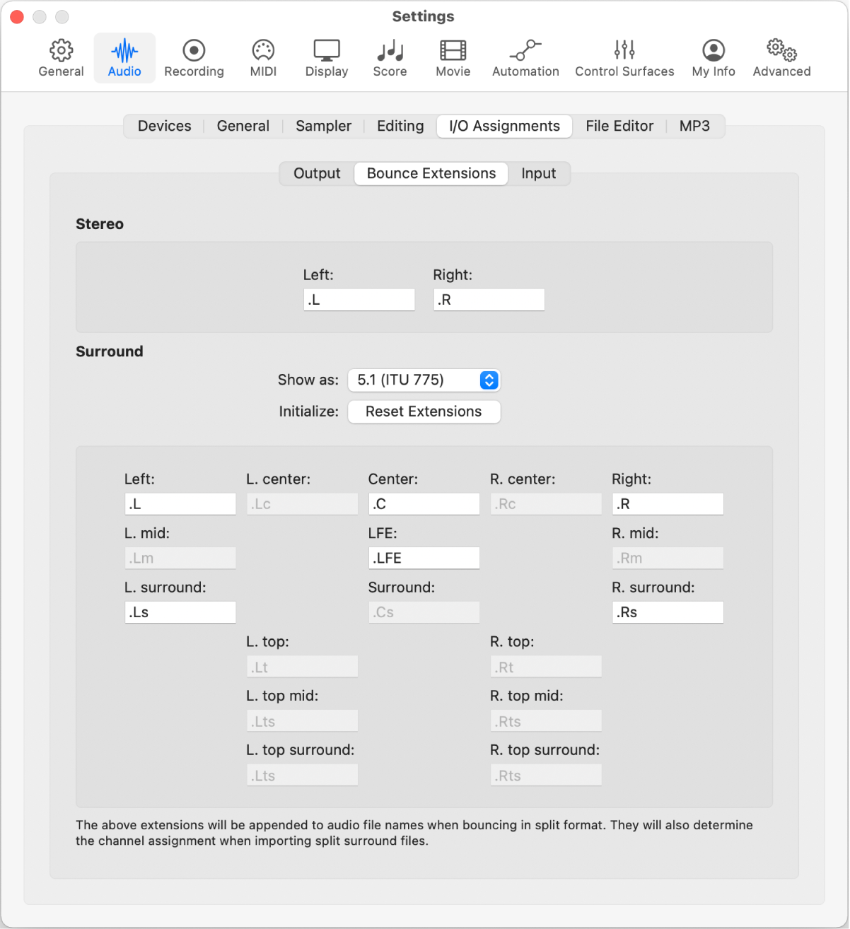 Figure. Audio I/O Assignments Bounce Extensions settings.