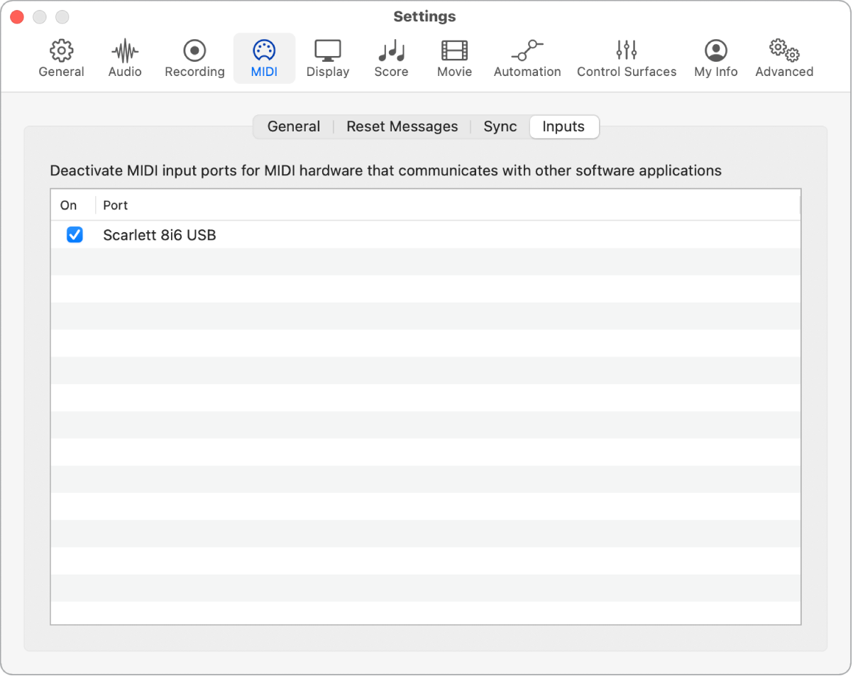 Figure. MIDI Inputs settings.