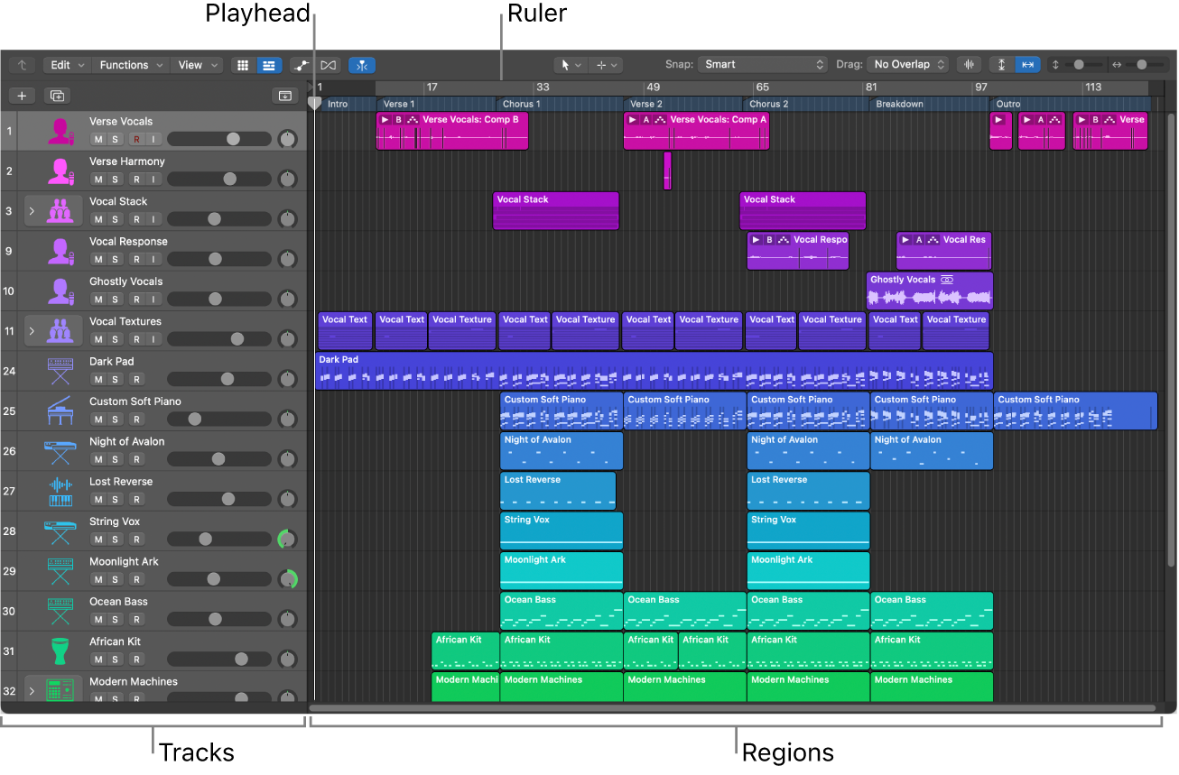 Figure. Tracks area, showing tracks and regions, the playhead, and the ruler.