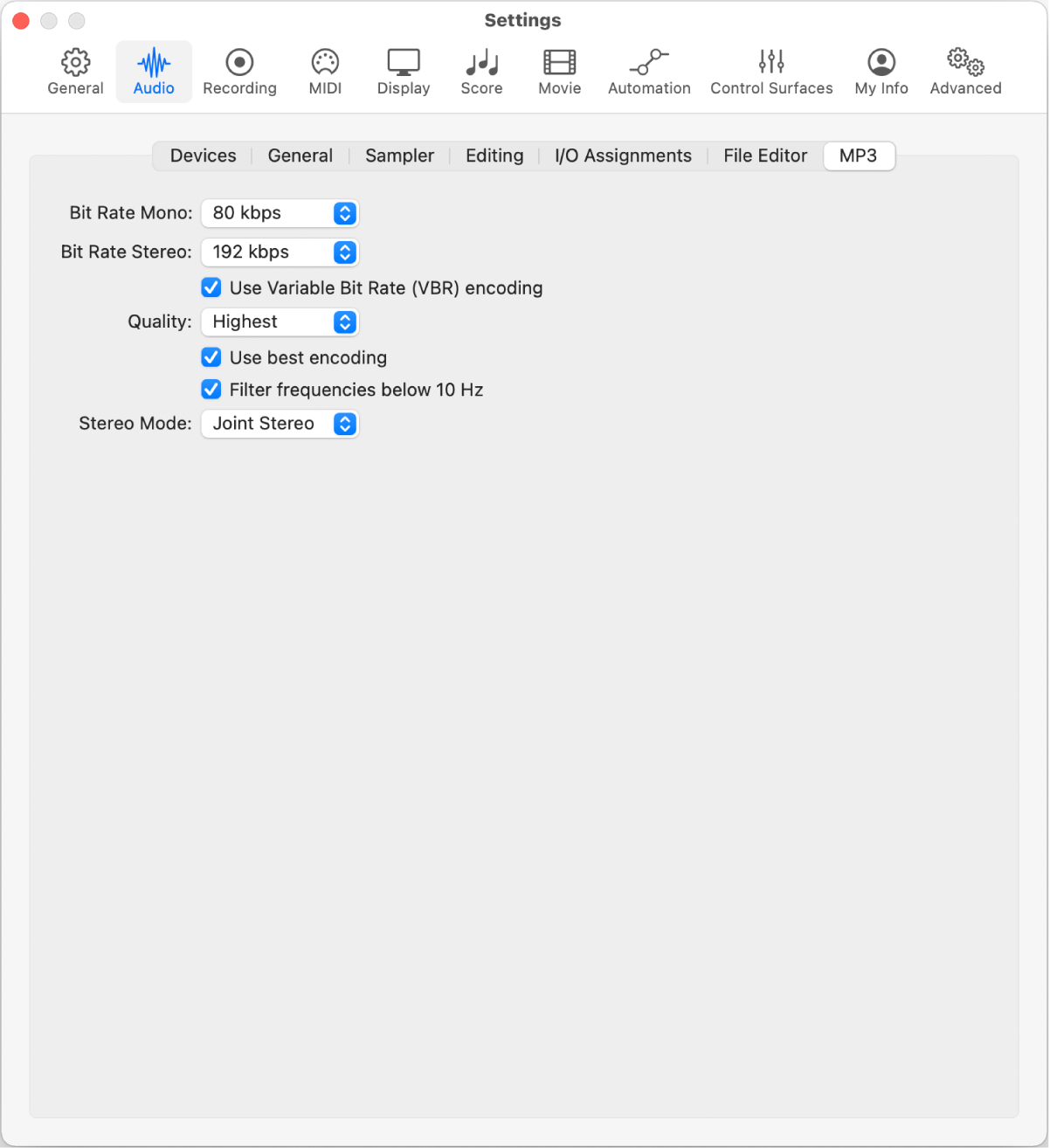 Figure. Audio MP3 settings.