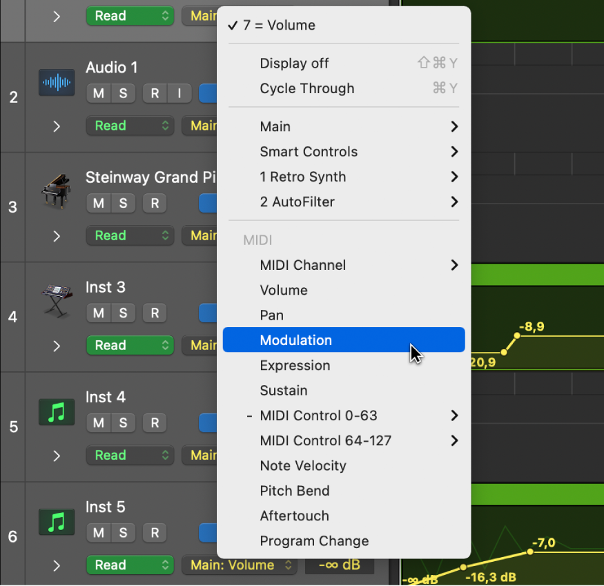 Figure. Selecting a MIDI control parameter for region automation.