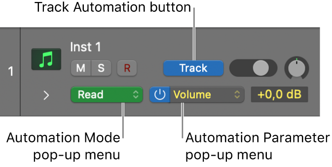 Figure. Showing available Automation Parameter pop-up menu in a track header.