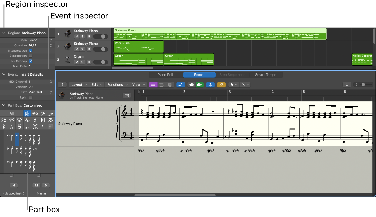 Figure. Event Parameter box, Display Parameter box, and Part box in the Inspector.