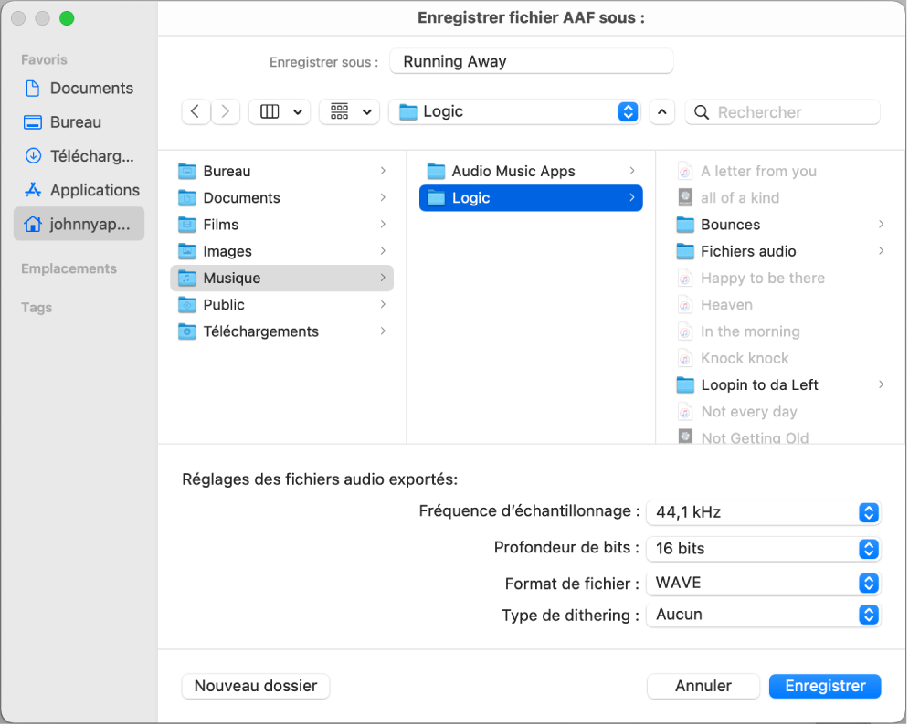 Zone de dialogue « Enregistrer fichier AAF sous ».