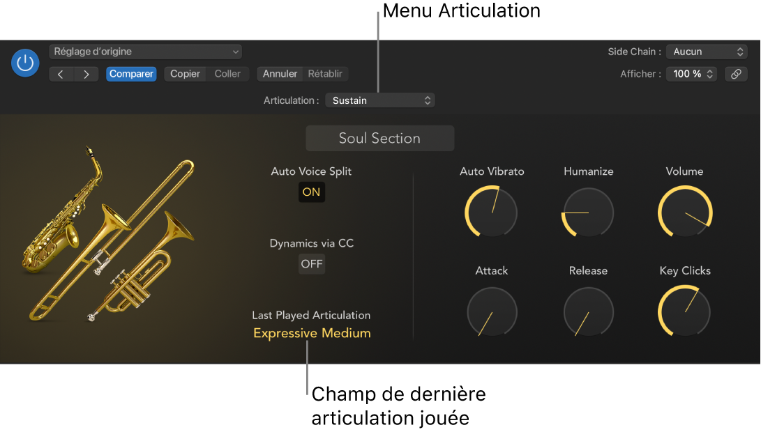 Figure. Instrument logiciel avec menu Articulation et champ de la dernière articulation jouée.