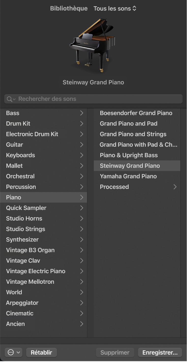 Figure. Bibliothèque avec la catégorie Piano et un patch Grand Piano sélectionnés.