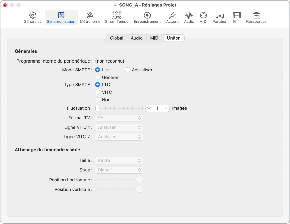 Figure. Réglages de synchronisation Unitor du projet.
