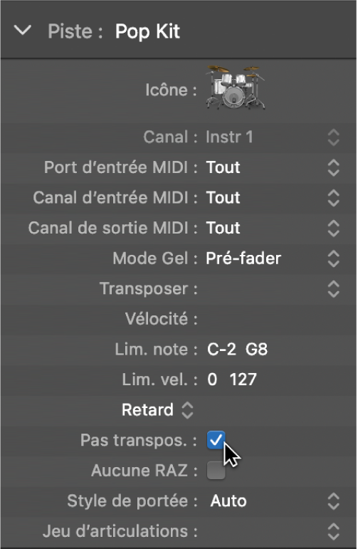 Figure. Zone de paramètre de piste avec la case « Pas transpos. » cochée.