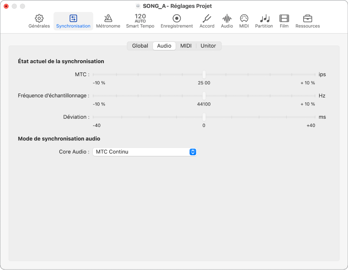 Figure. Réglages de synchronisation audio du projet.