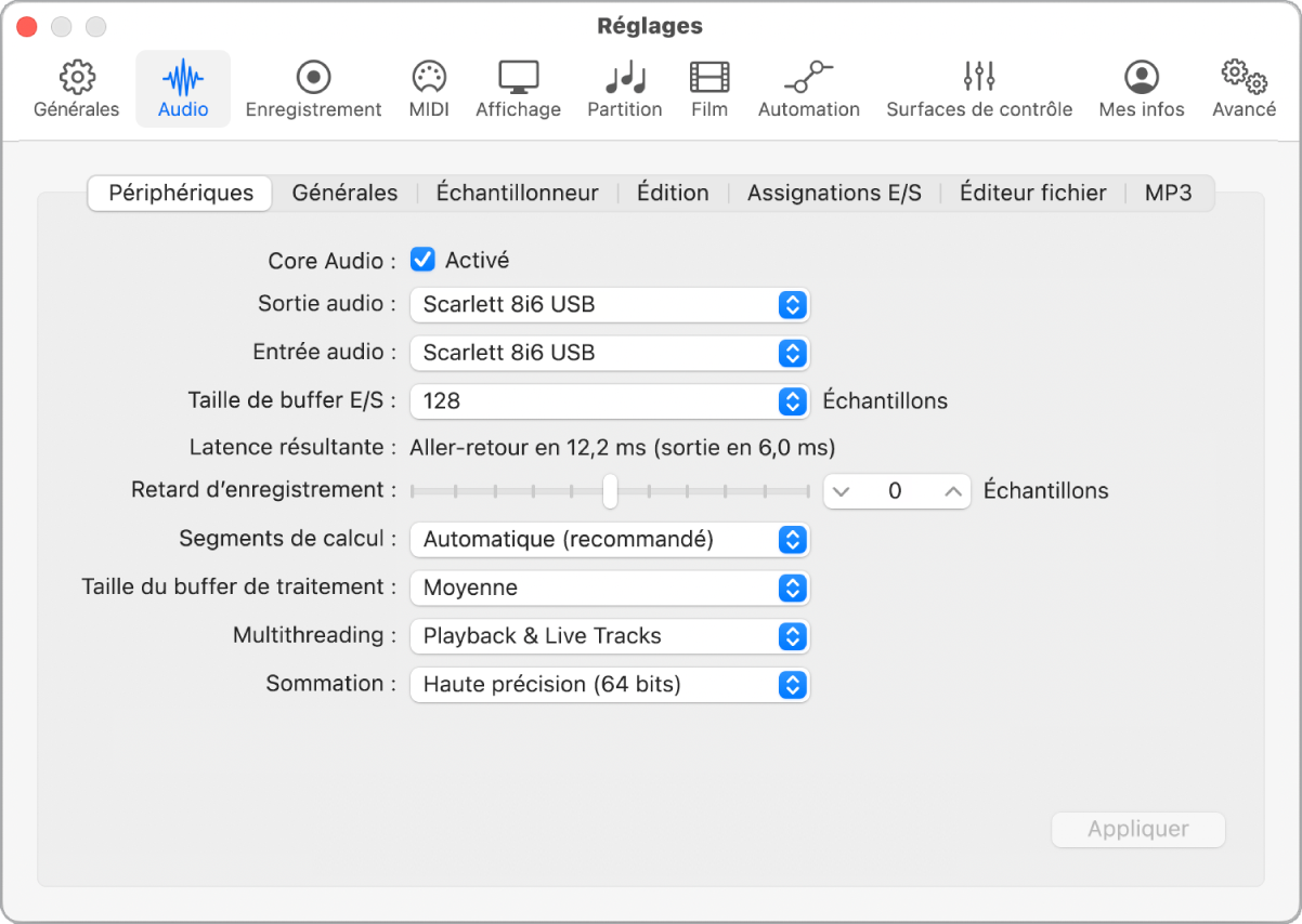 Figure. Réglages des périphériques audio.