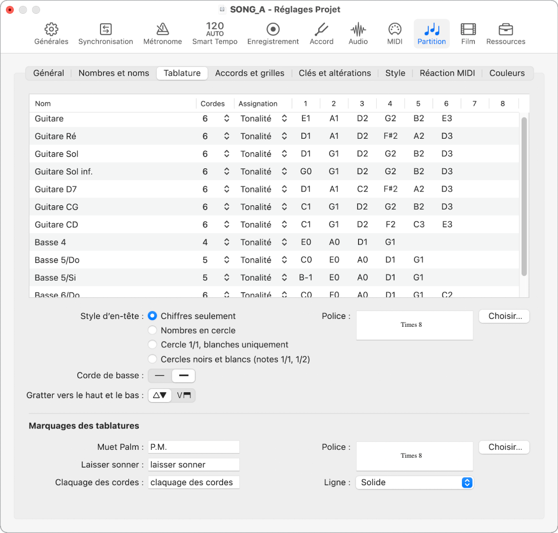 Figure. Réglages de tablature du projet.