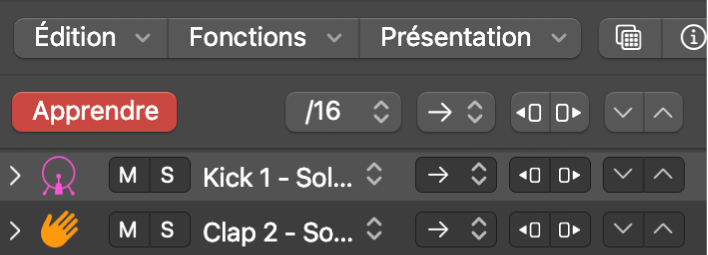 Bouton Mode d’apprentissage (Ajouter) actif dans la barre des menus du séquenceur pas à pas.