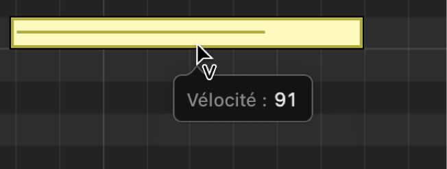 Figure. Éditeur de partition défilante avec l’outil Vélocité placé sur un évènement de note.