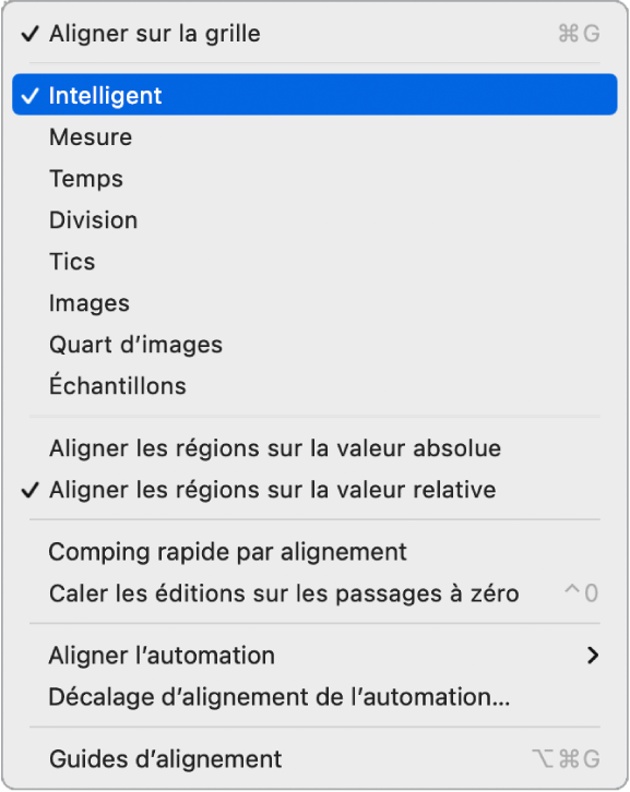 Figure. Menu local Alignement pour la zone Pistes.