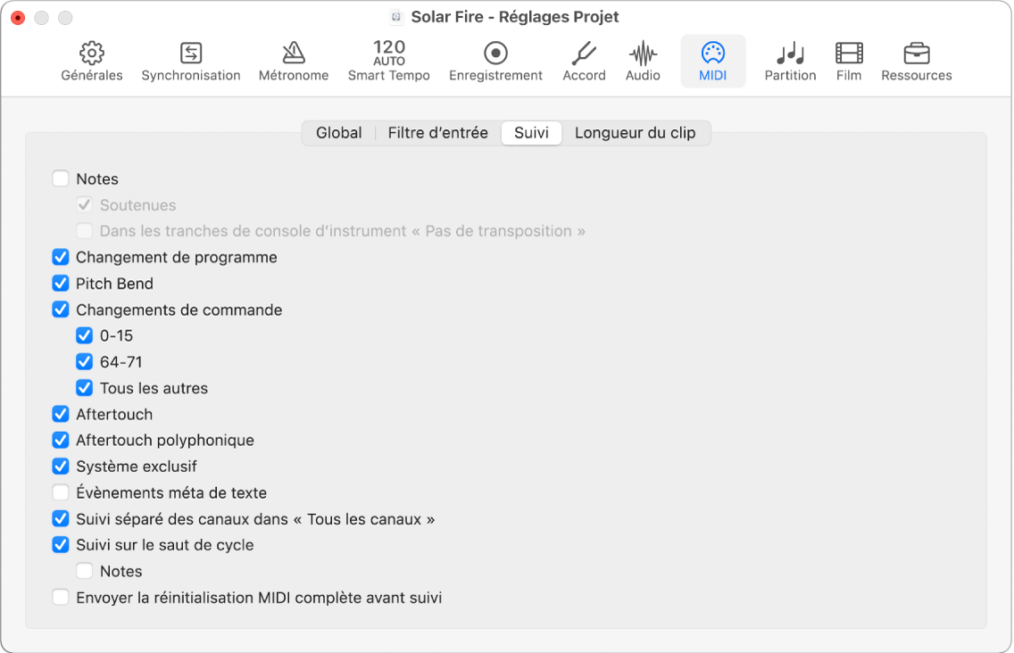 Figure. Sous-fenêtre Suivi dans les réglages MIDI du projet.