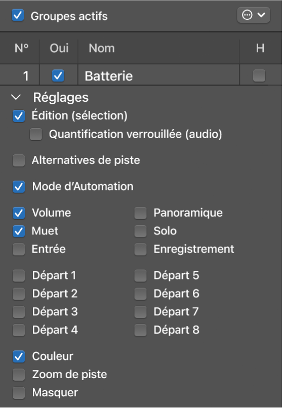 Figure. Menu Groupes avec sélection des options Édition et Quantification verrouillée (audio).