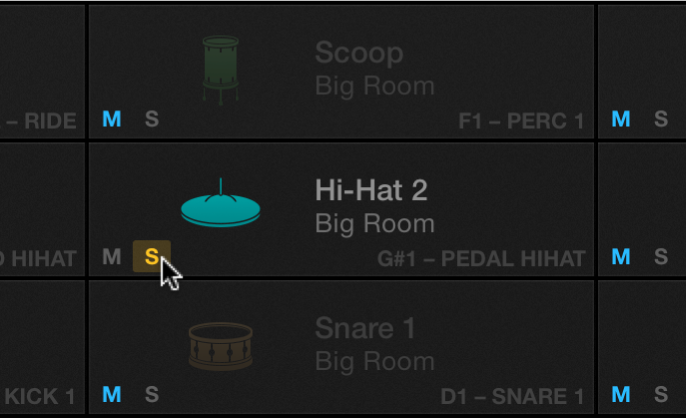 Figure. Bouton Solo du pad dans Drum Machine Designer.