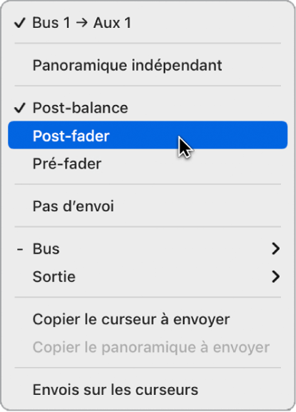 Figure. Choix d’une option de cheminement de signal pour le potentiomètre Envoyer.