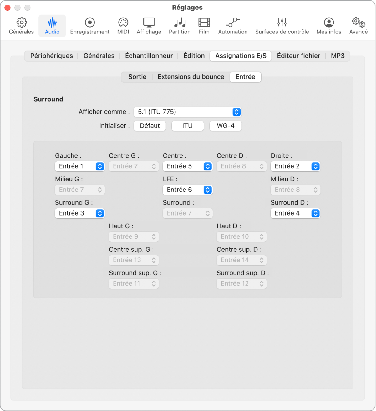 Figure. Réglages d’entrée des attributions E/S audio.