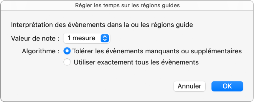 Figure. Zone de dialogue « Régler les temps sur les régions guides ».