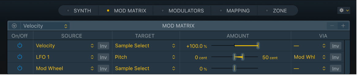 Figure. Sous-fenêtre Mod Matrix avec cibles de modulation, sources Via, sources de modulation et curseurs d’intensité de modulation.