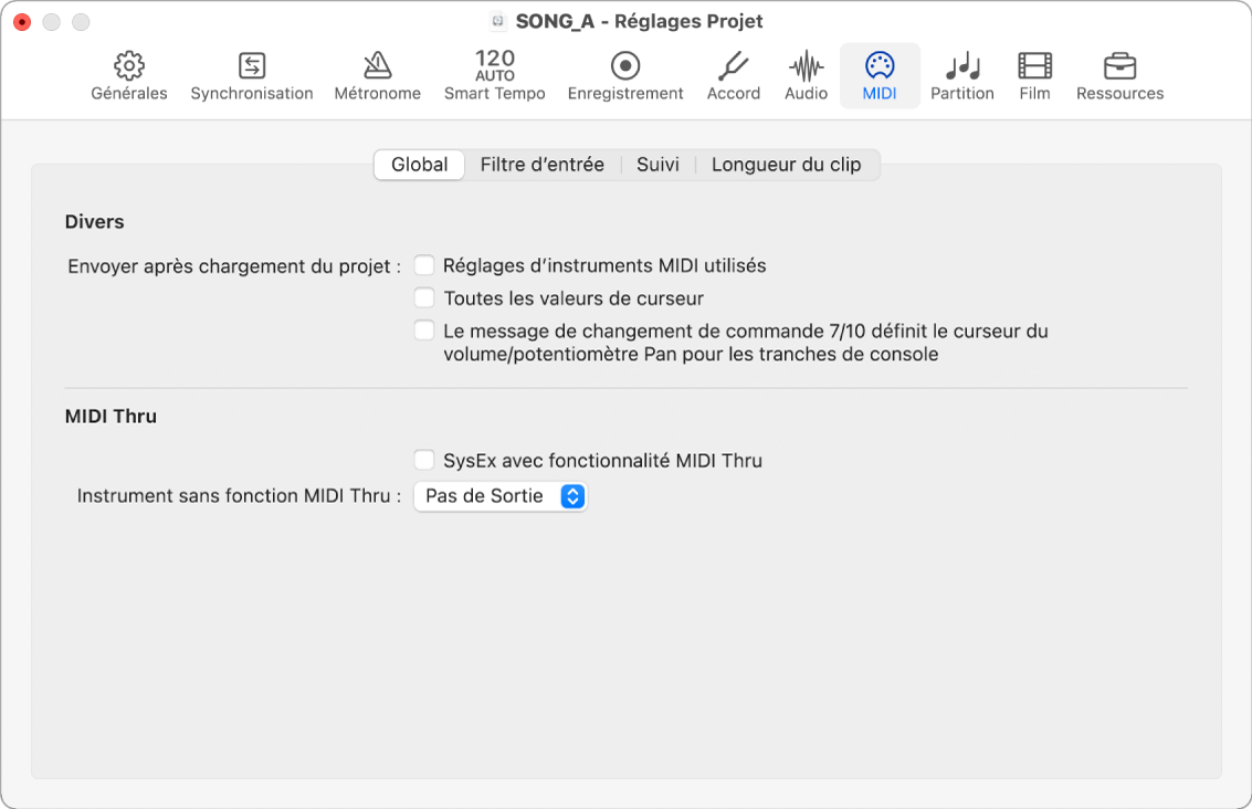 Figure. Réglages General MIDI du projet.