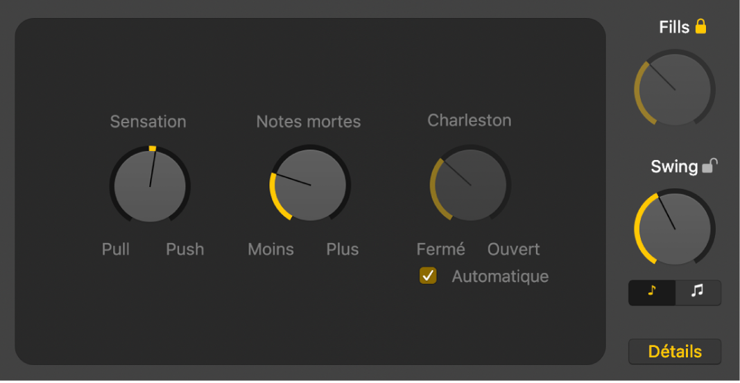 Figure. Éditeur de drummer avec le bouton Détails sélectionné, montrant les potentiomètres Sensation, Notes fantômes et Charleston.