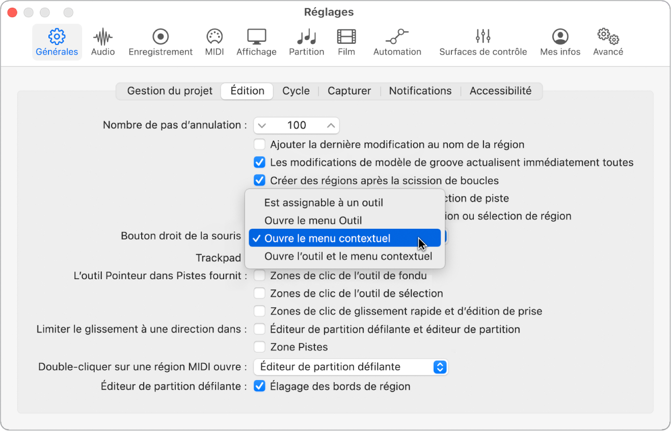 Figure. Menu « Bouton droit de la souris » dans la sous-fenêtre Édition des réglages générau.