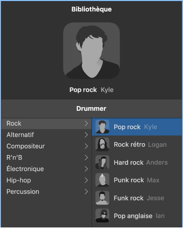 Figure. Bibliothèque affichant les genres Drummer et les drummers disponibles.