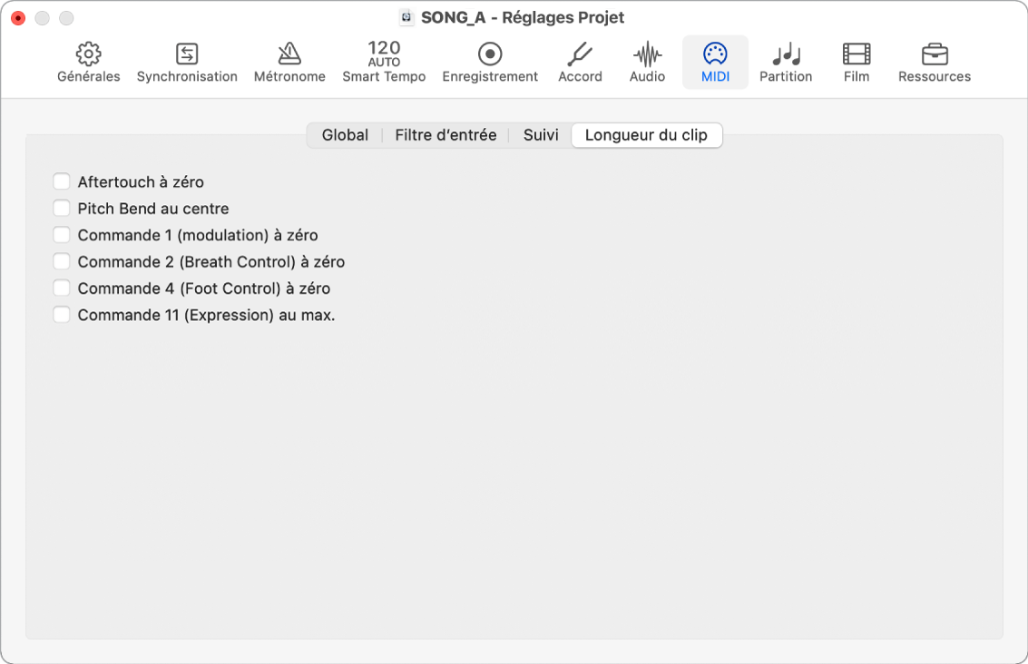 Figure. Réglages de longueur du clip MIDI du projet.