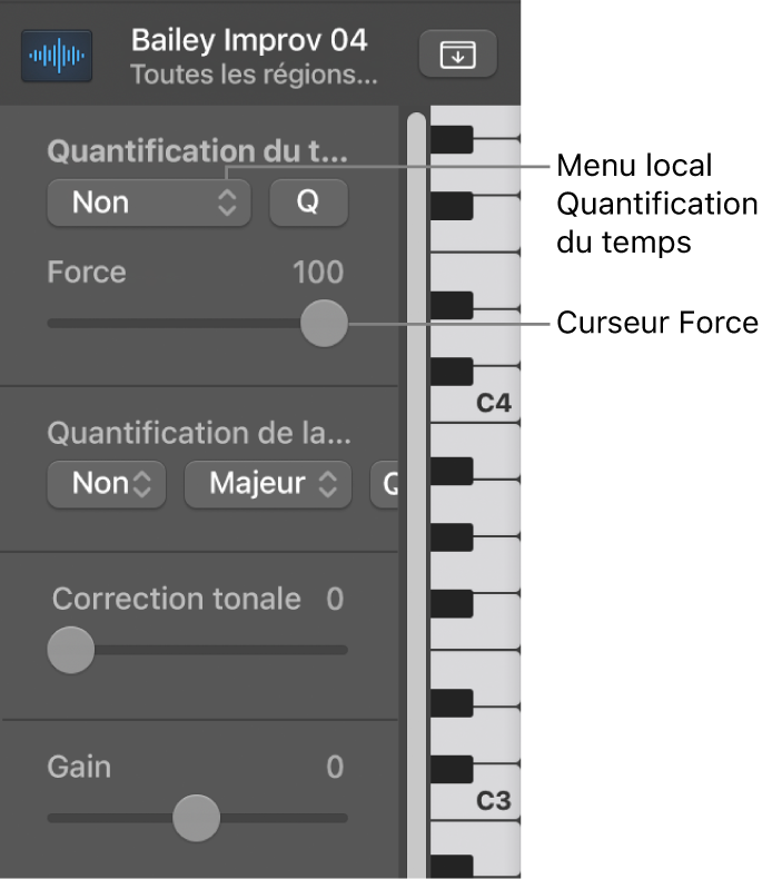 Figure. Menu local Quantification du temps et curseur Force.