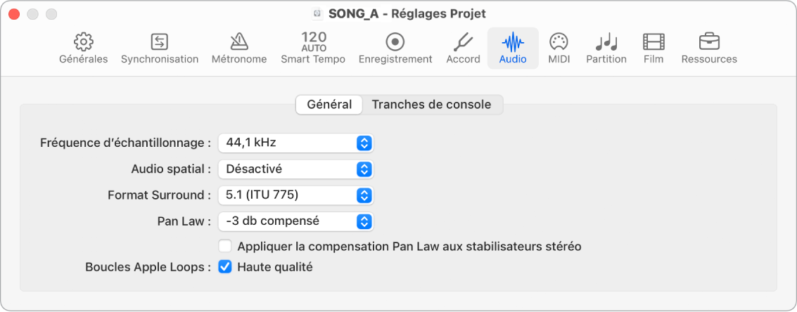 Figure. Réglages audio généraux du projet.