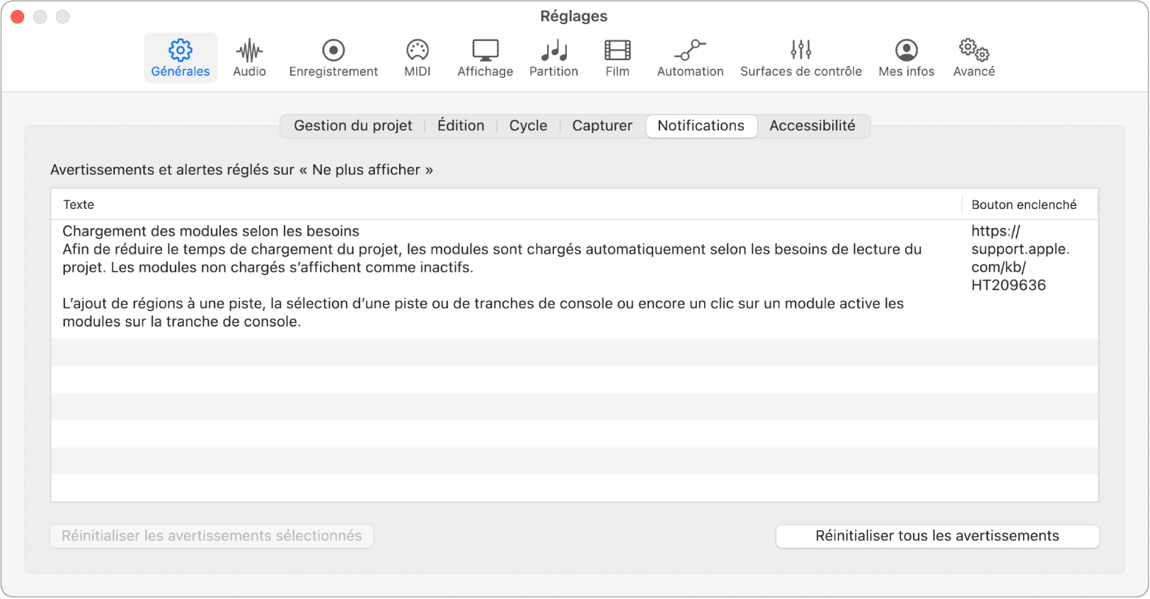 Figure. Réglages généraux de notification