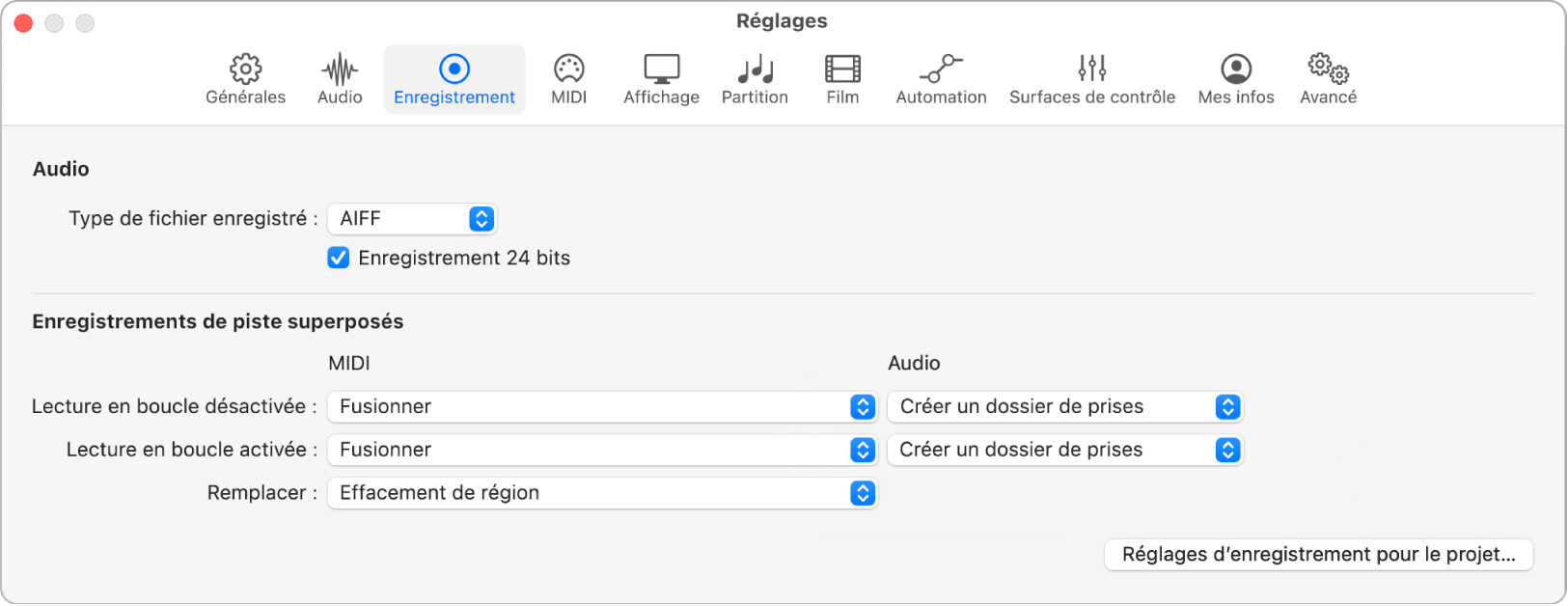 Figure. Réglages d’enregistrement.