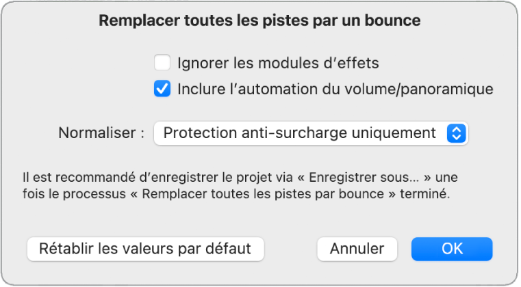 Figure. Zone de dialogue Remplacer toutes les pistes par un bounce.