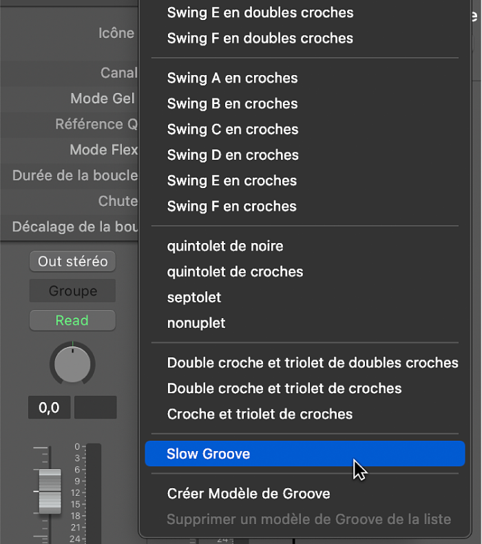 Figure. Nom du modèle de groove par défaut sélectionné dans le menu local Quantifier.