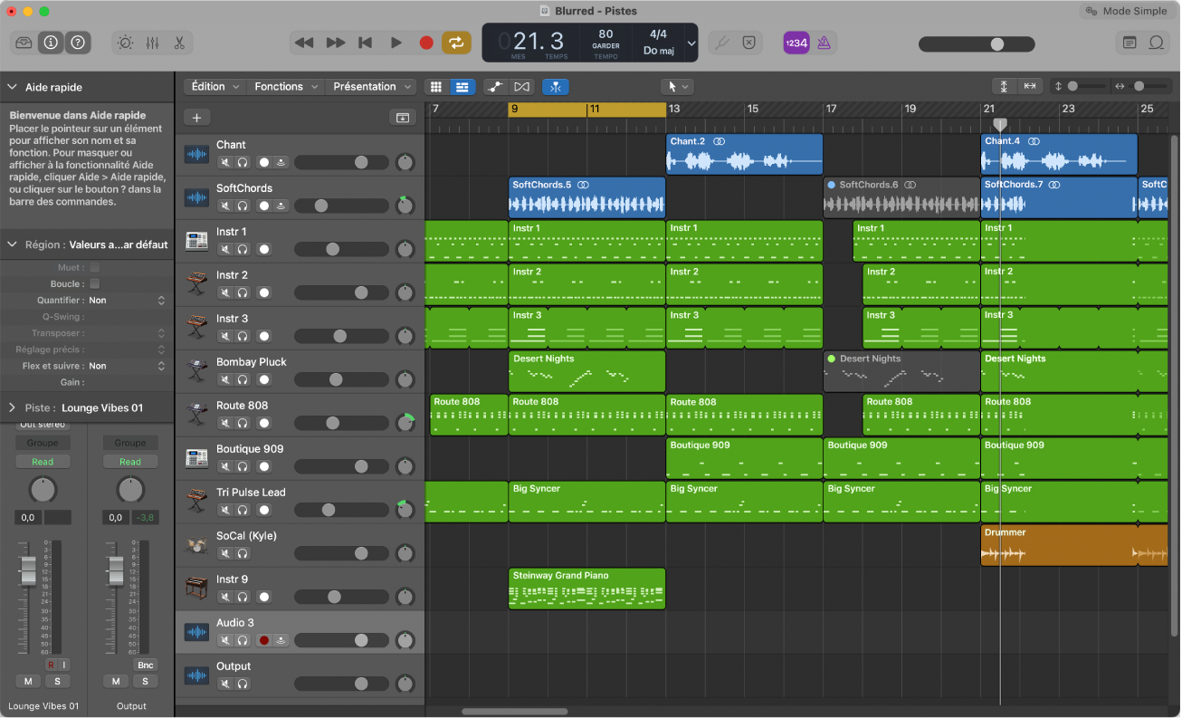 Figure. Zone Pistes montrant des régions audio, d’instrument logiciel et de drummer.