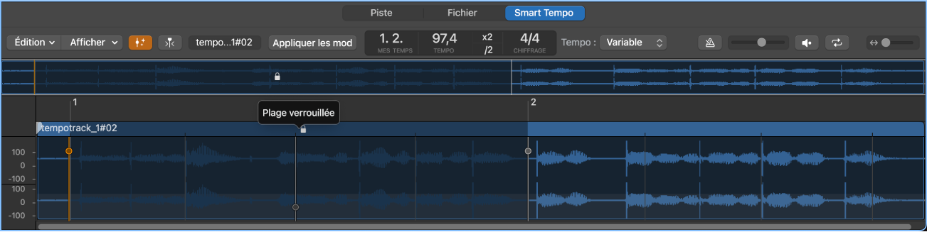 Figure. Éditeur de Smart Tempo montrant une plage verrouillée.